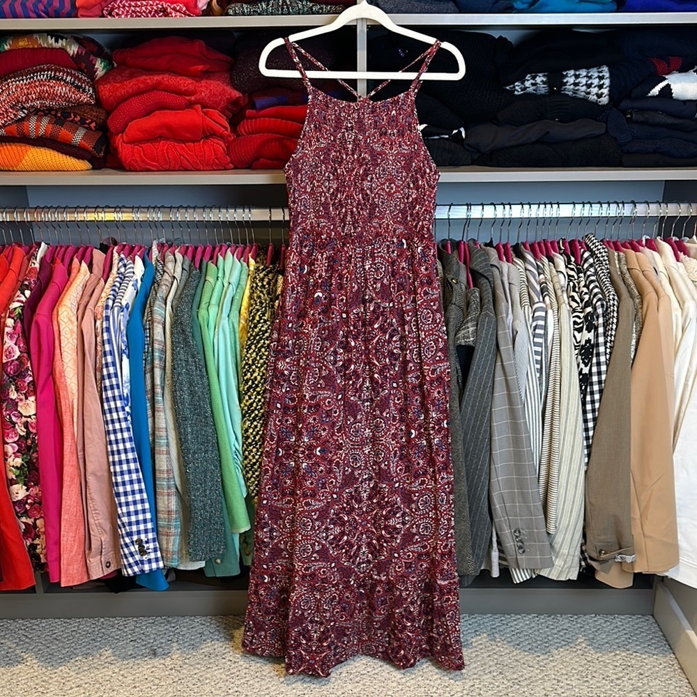 Knox Rose maroon/navy print sleeveless smocked maxi dress size S